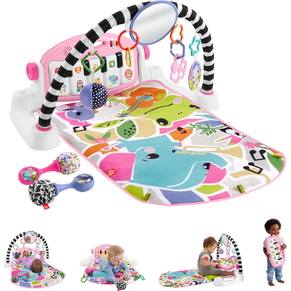 Fisher-Price Baby Gift Set Glow And Grow Kick & Play Piano Gym Pink Playmat & Musical Learning Toy With 2 Rattle Maracas For Newborns Ages 0+ Mon