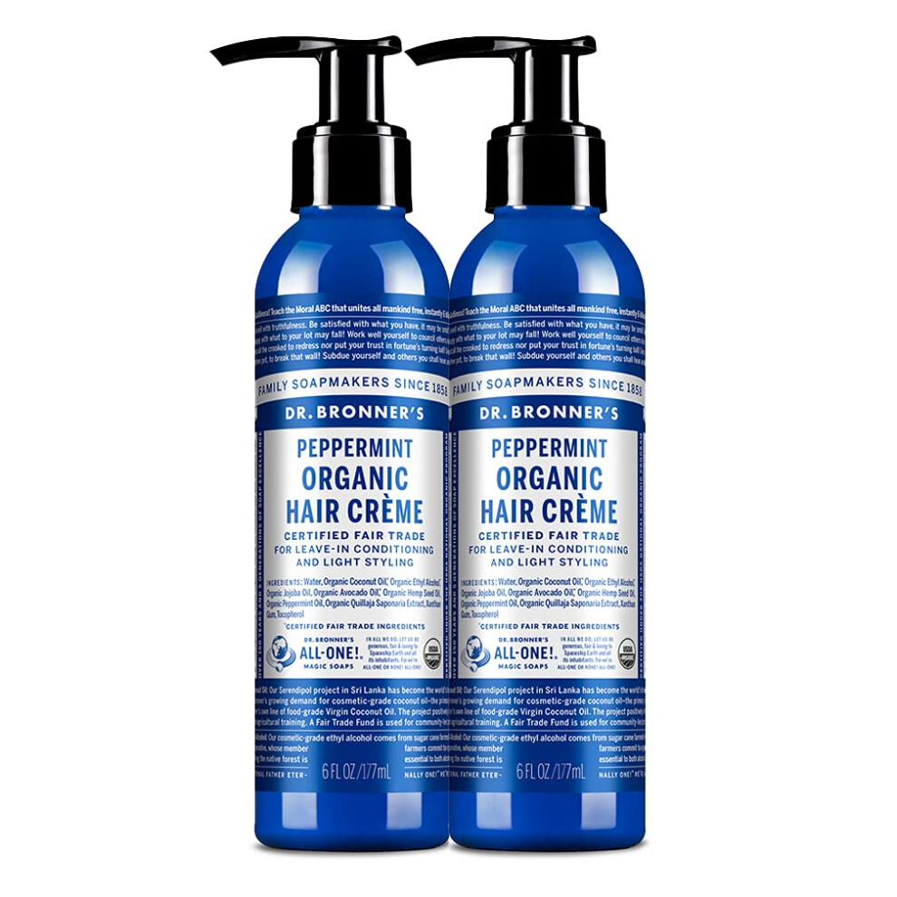 Dr. Bronner's - Organic Hair Crme (Peppermint  6 Ounce  2-Pack) - Leave-In Conditioner and Styling Cream  Made with Organic Oils  Hair Cream