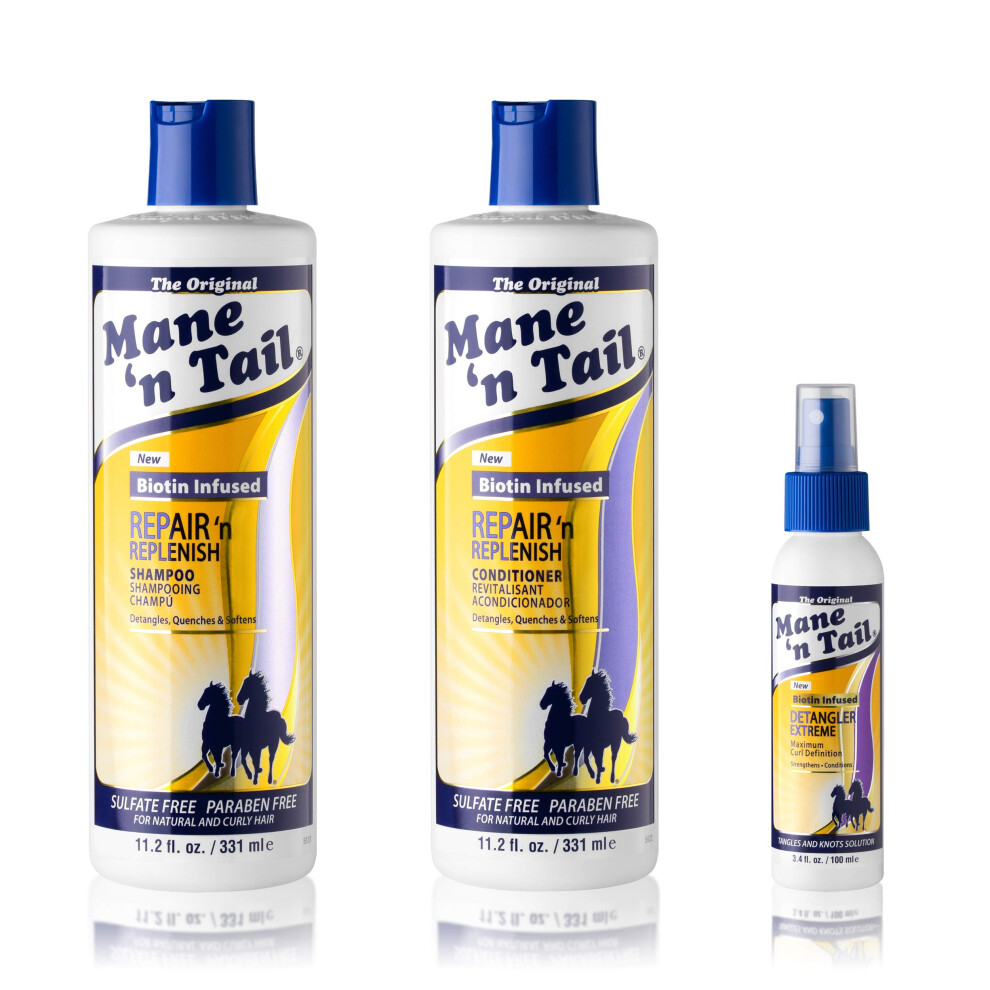 Mane n Tail Sulfate Free Repair n Replenish Gentle Cleaning And Replenishing System (11.2 Oz Each) with Extreme Detangler 3.4 Ounce