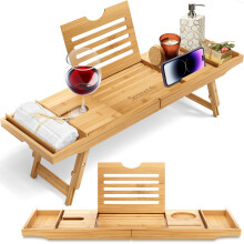 SereneLife Bath Caddy Breakfast Tray Combo - Natural Bamboo Wood Waterproof Tub and Bed with Folding Slide-Out Arms Device Grooves Wine Gl