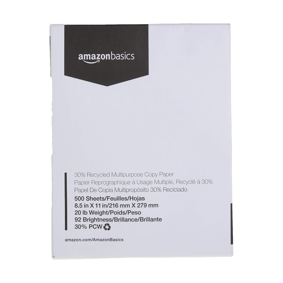 Amazon Basics 30% Recycled Multipurpose Copy Printer Paper - 8.5 x 11 Inches  1 Ream  500 Count (Sheets)  White