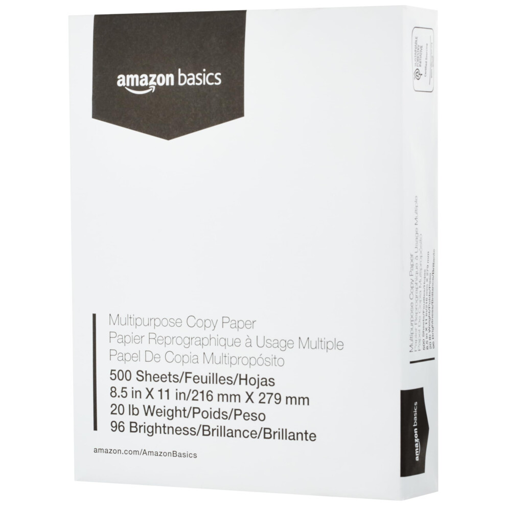 Amazon Basics Multipurpose Copy Printer Paper  20 Pound  White  96 Brightness  8.5 x 11 Inch  1 Ream   500 Sheets Total