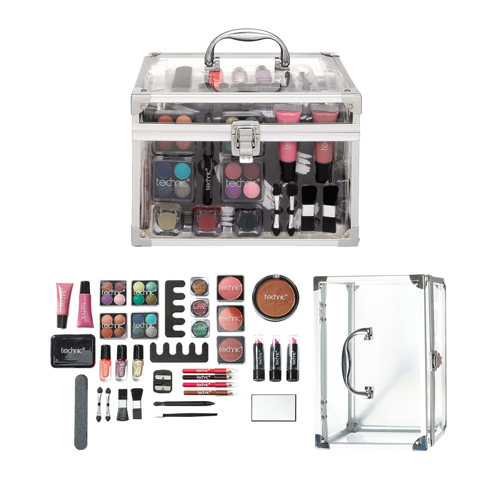 Technic 36 Pcs Clear Carry All Full Make Up Kit In a Trunk Train Case Including Makeup Brushes  Eye Shadows  Nail Polish  Blushers  Lipstick