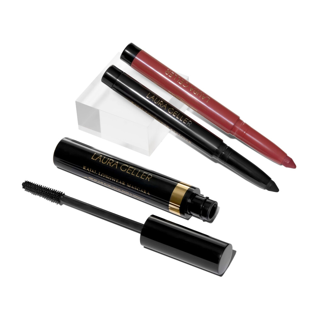 LAURA GELLER NEW YORK The Kajal Collection 3pc Makeup Set - Deep Black Kohl Eyeliner + Dahlia Lip Color  Black Kajal Mascara