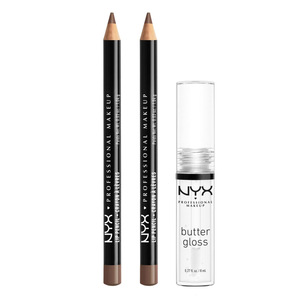 NYX PROFESSIONAL MAKEUP Slim Lip Pencil (Espresso) + Butter Gloss (Sugar Glass  Clear)  3-Pack Bundle