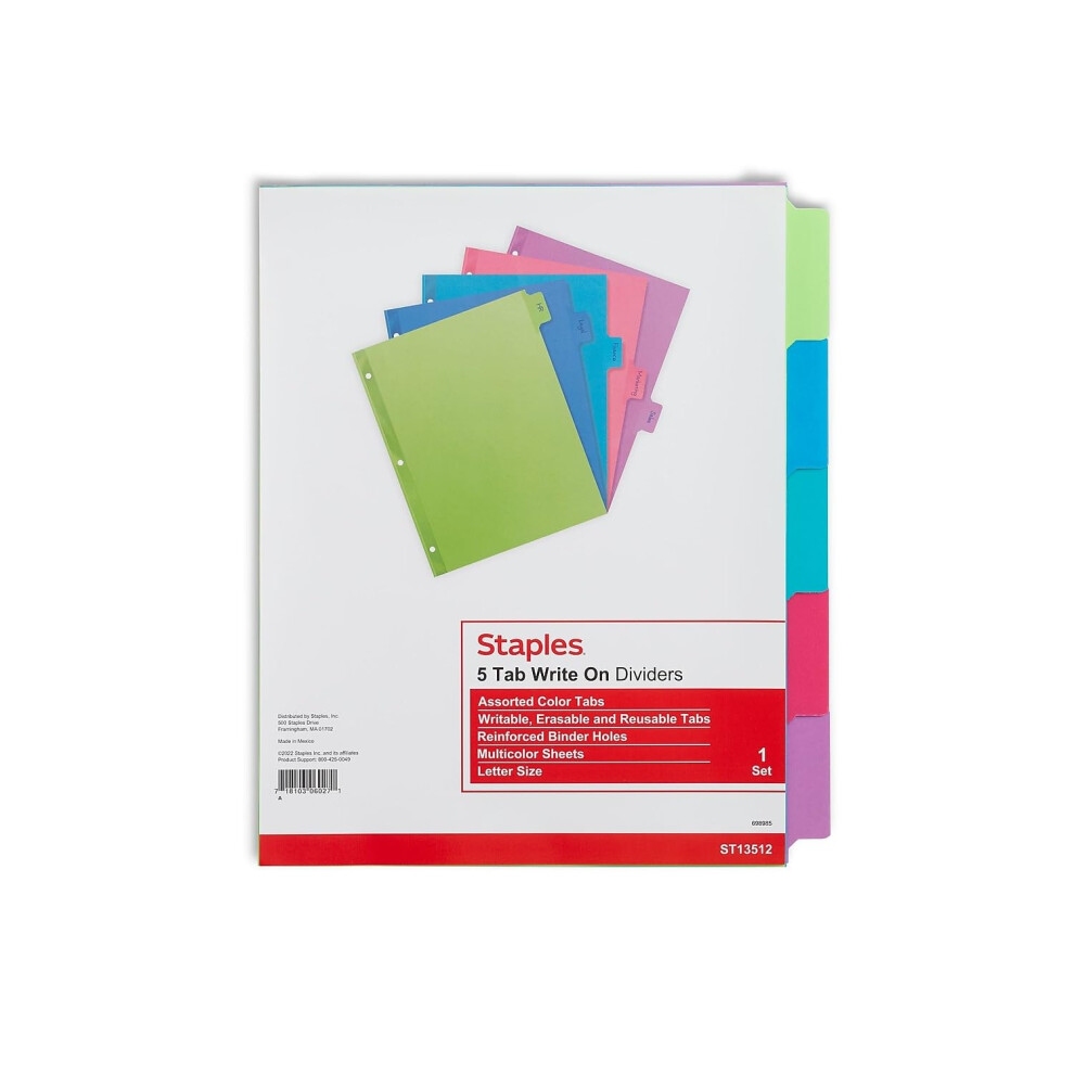 Staples 486272 Large Tabs Write & Erase Paper Dividers 5-Tab Multicolor