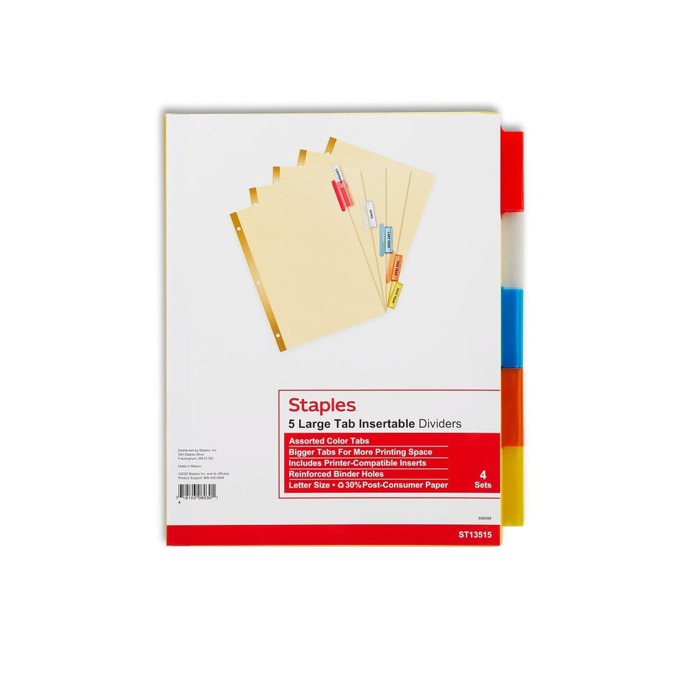 Staples 431421 Big Tab Insertable Paper Dividers 5-Tab Buff 4 Sets/PK