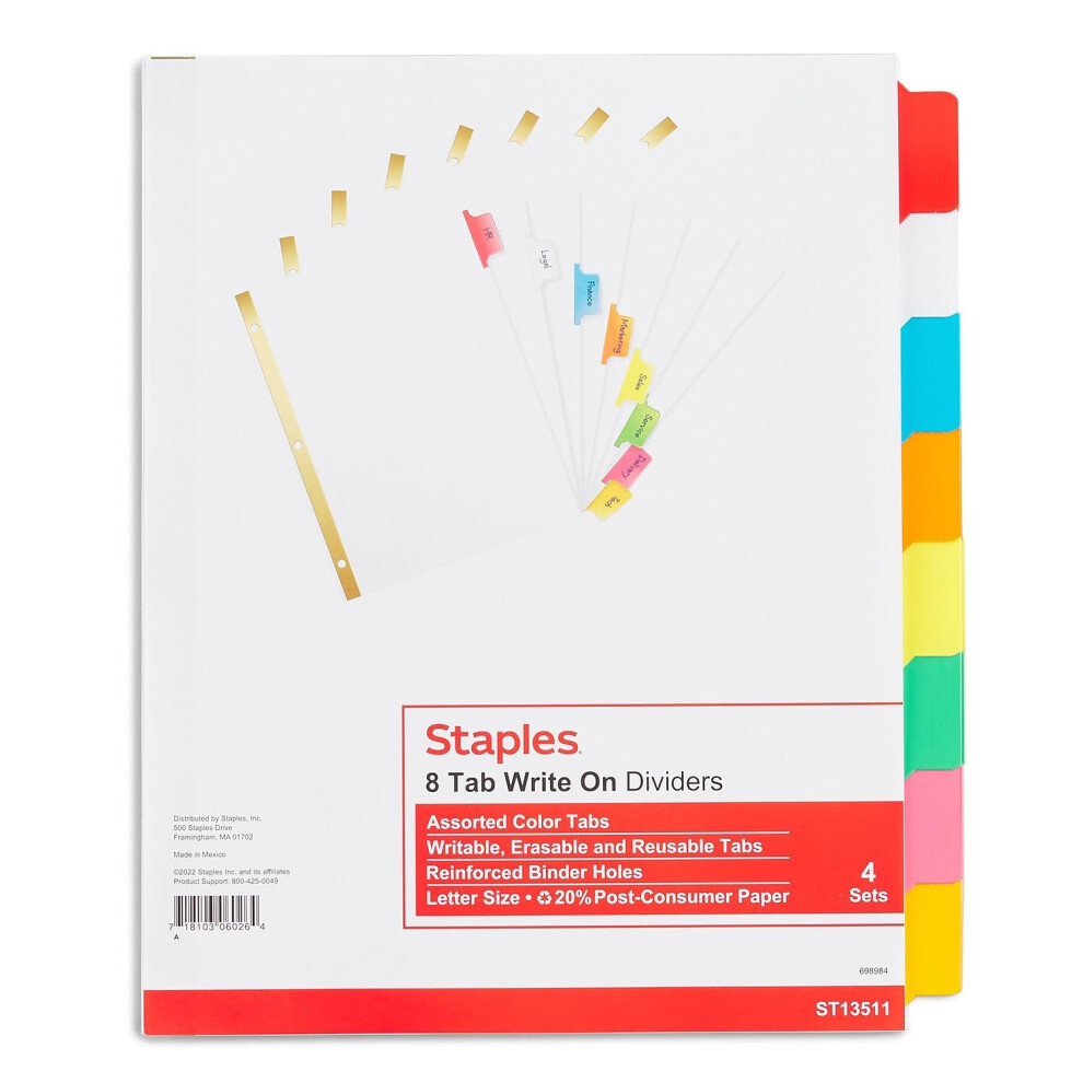 Staples 477150 Big Tab Write-On Paper Dividers 8-Tab Multicolor 4/Pk (13511/23179)