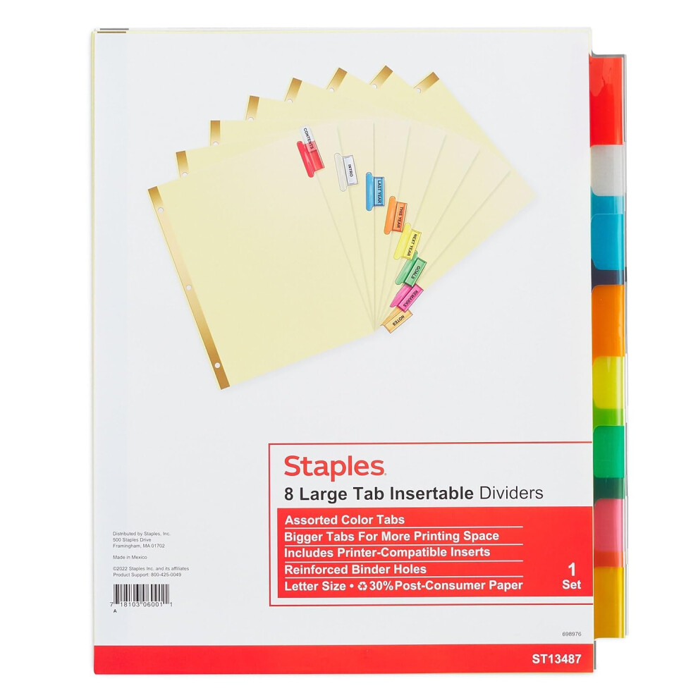 Staples 153866 Big Tab Insertable Paper Dividers 8-Tab Buff with Assorted-Color Tabs