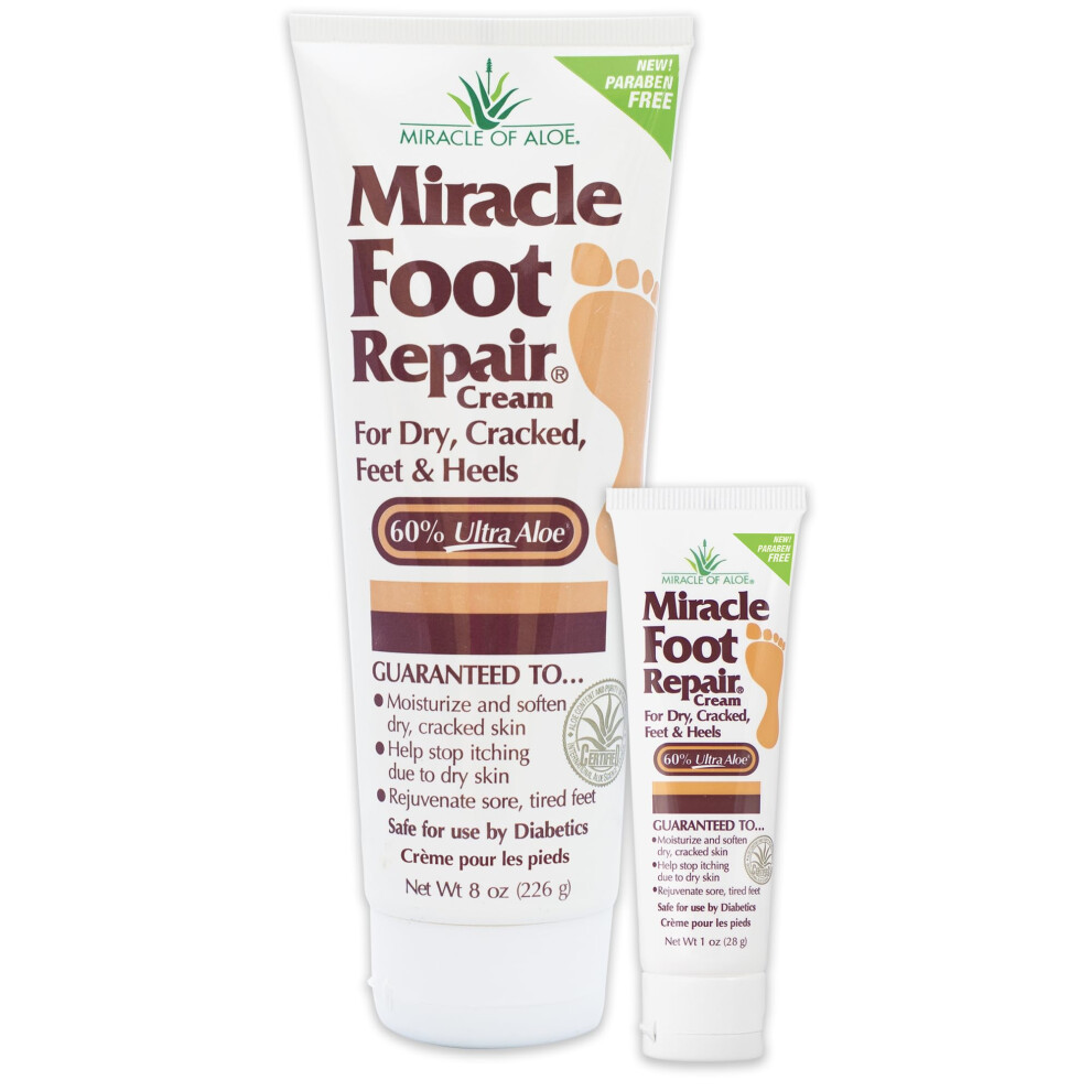 Miracle Foot Repair Cream (8 oz & 1 oz) Repairs Dry Cracked Heels and Feet  60% Pure UltraAloe Moisturizes  Softens  and Repairs