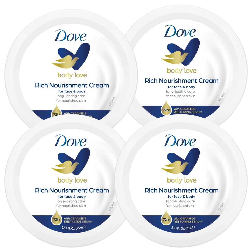 Dove Nourishing Body Care  Face  Hand  and Body Rich Nourishment Cream for Extra Dry Skin with 48-Hour Moisturization  4-Pack  2.53 Oz Each