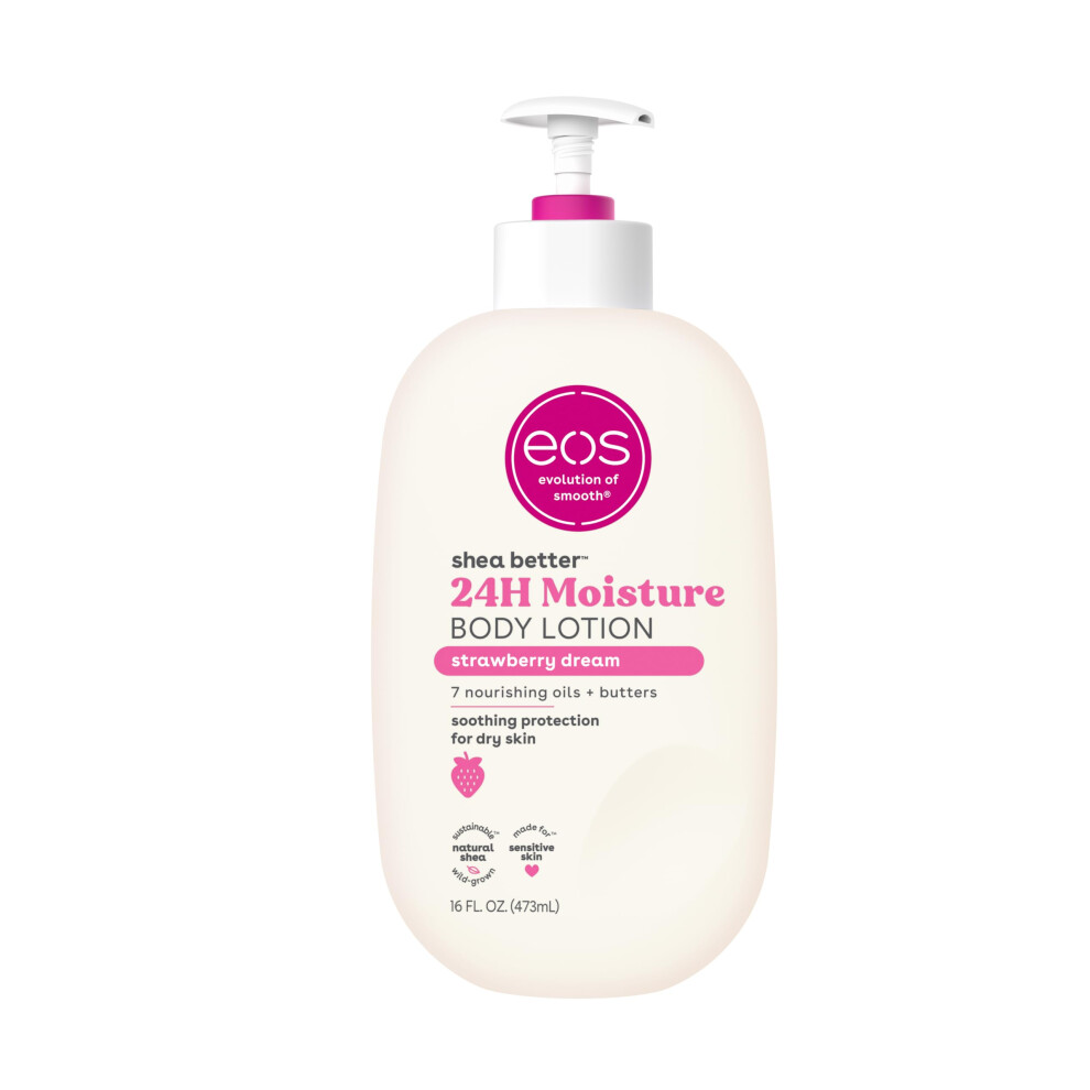 eos Shea Better Body Lotion- Strawberry Dream  24-Hour Moisture Skin Care  Lightweight & Non-Greasy  Made with Natural Shea  Vegan  16 fl oz