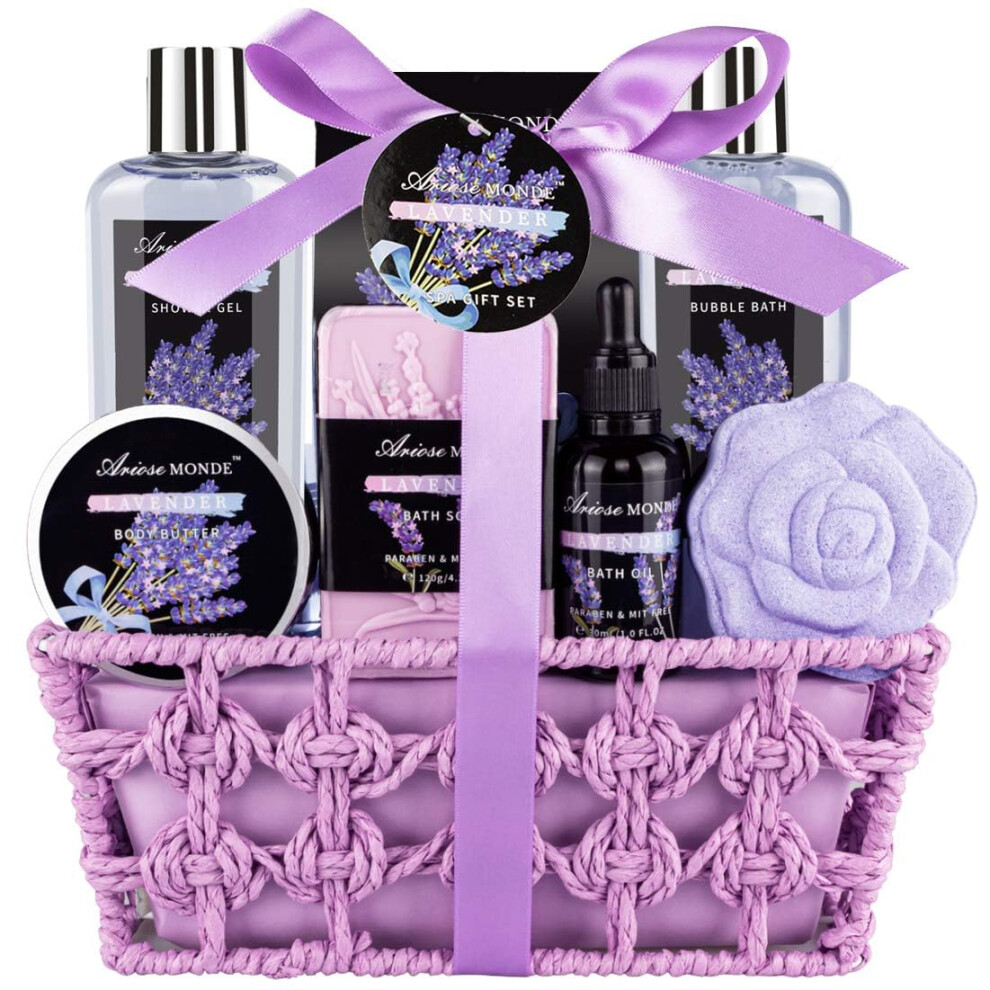 Spa Bath Gift Basket Set Lavender Home Spa Gift for Women with Shower Gel Bubble Bath Body Butter Bath Salt Bath Bomb Bath Oil Bath