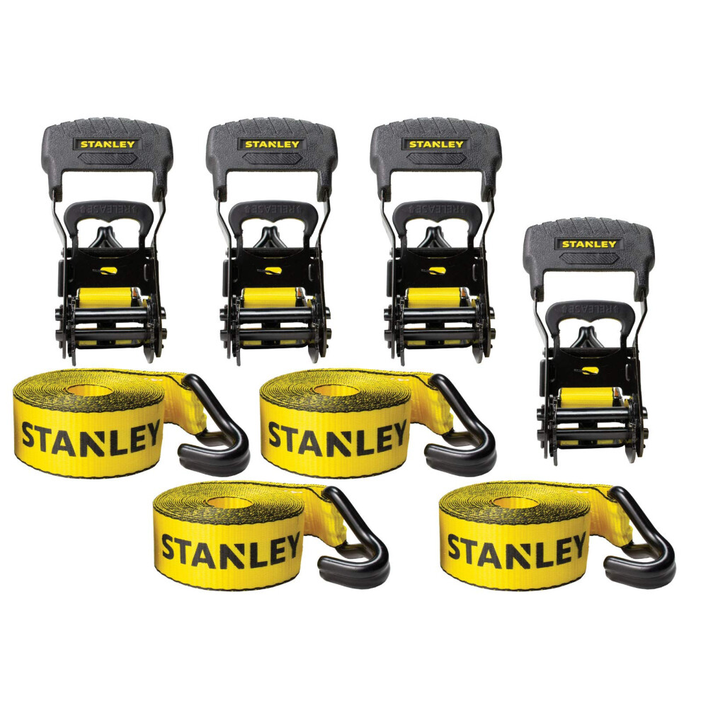 Stanley S10074 Black/Yellow 1.5" X 16' Ratchet Tie Down Straps - Heavy Cargo Securing (3,300 Lbs Break Strength), 4 Pack