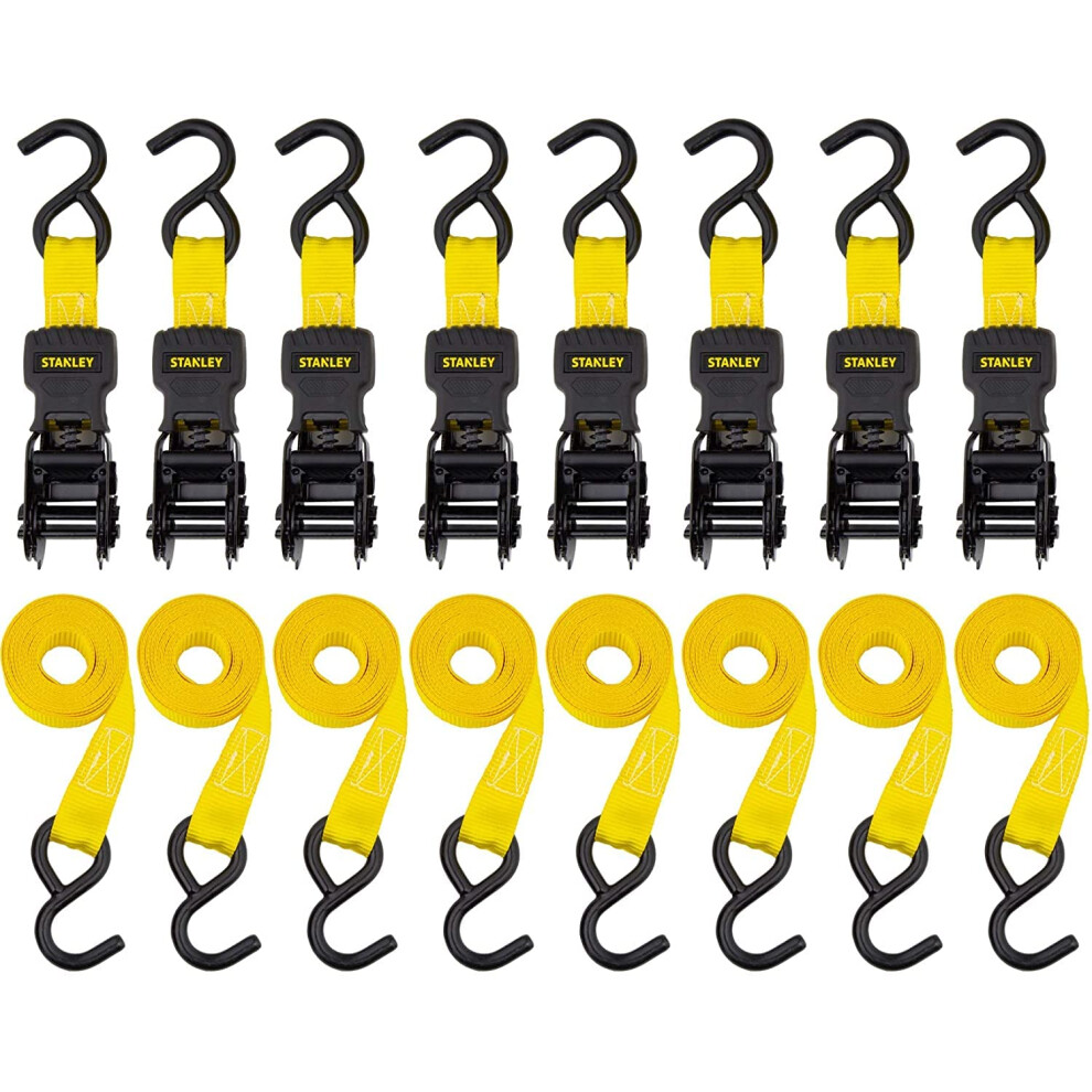 Stanley S1000 Black/Yellow 1"" x 10' Ratchet Tie Down Straps - Light Cargo Hauling (1 500 lbs Break Strength)  8 Pack