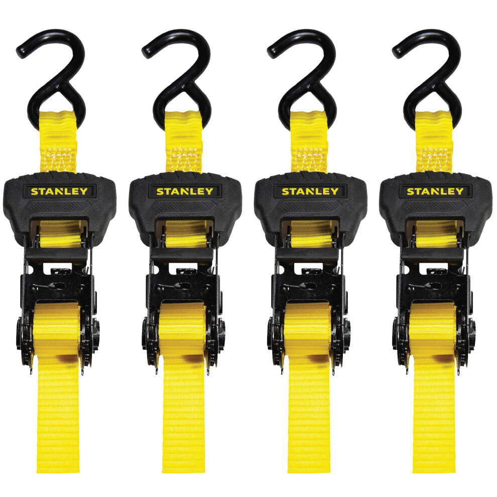 Stanley S1006 Black/Yellow 1"" x 14' Ratchet Tie Down Straps - Medium Cargo Securing (3 000 lbs Break Strength)  4 Pack