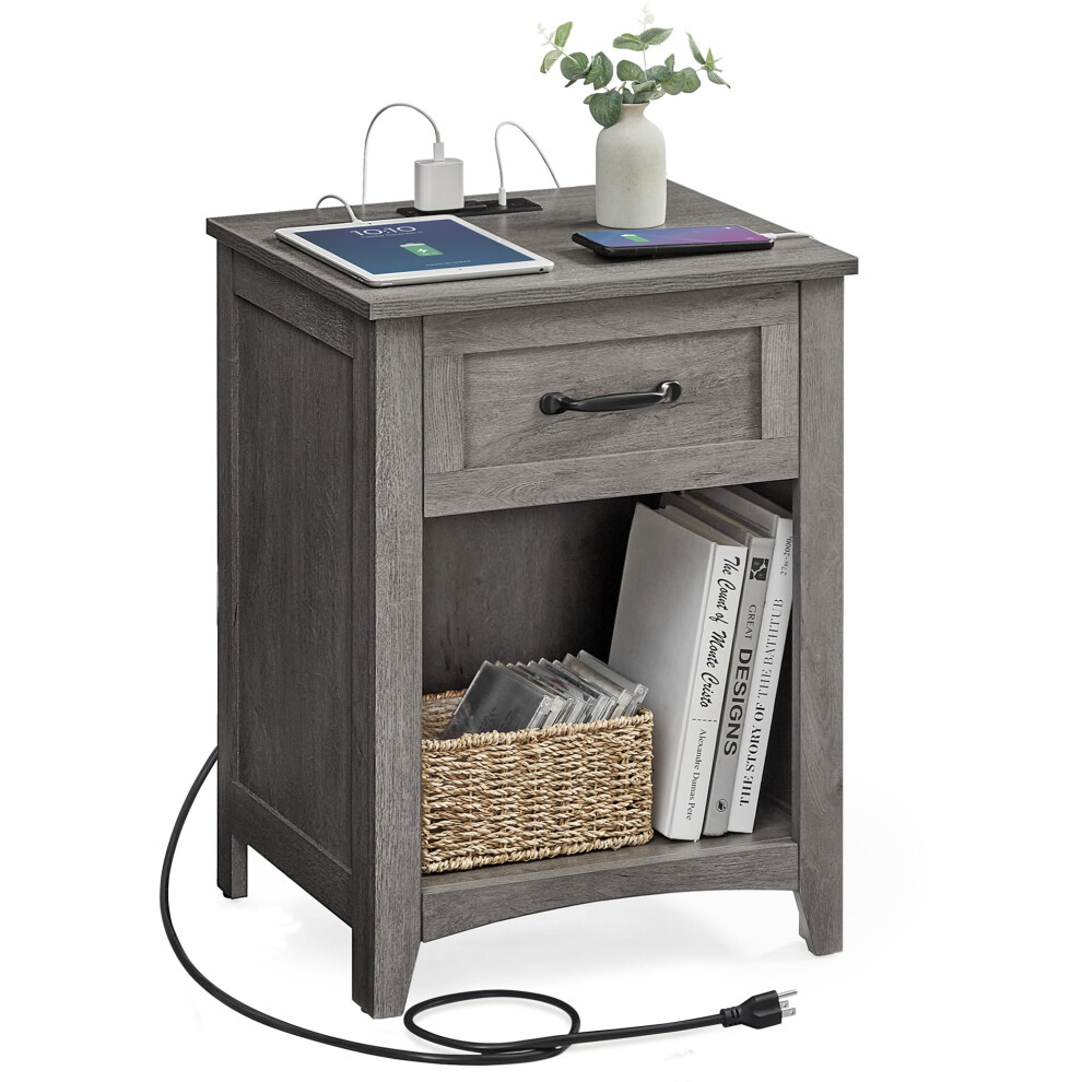 VASAGLE Farmhouse Nightstand with Charging Station  Bedside Table with Drawer  Open Compartment  Side Table with Storage  for Bedroom  Misty