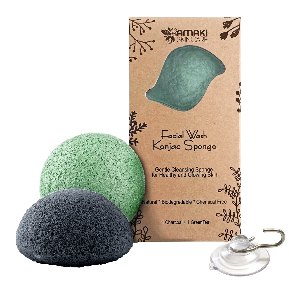 AMAKI SKINCARE Konjac Sponge Facial Cleanser with Added Green Tea and Activated Bamboo Charcoal-Sensitive to Oily and Acne Prone Skin Gentle