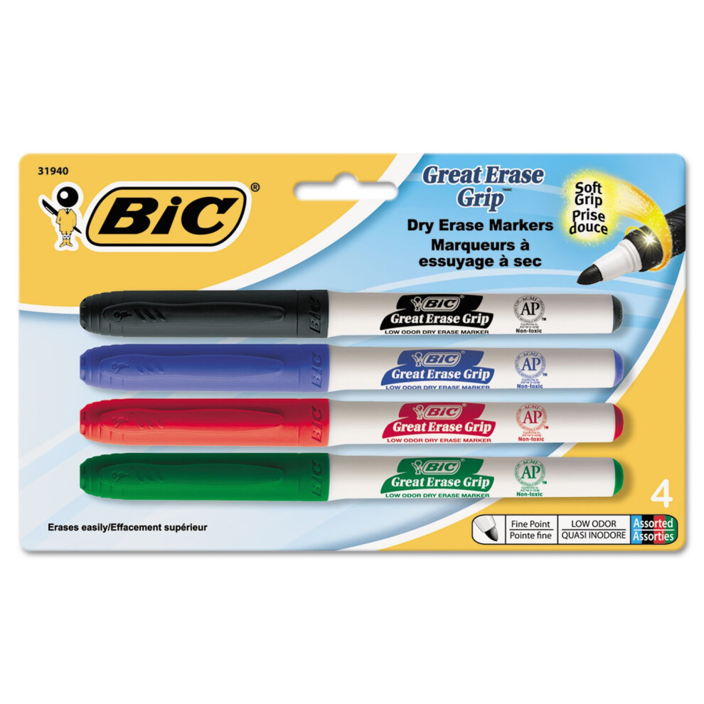 BIC GDEP41-Ast Great Erase Low Odor Dry Erase Markers  Fine Point  Assorted  4 Dry Erase Markers