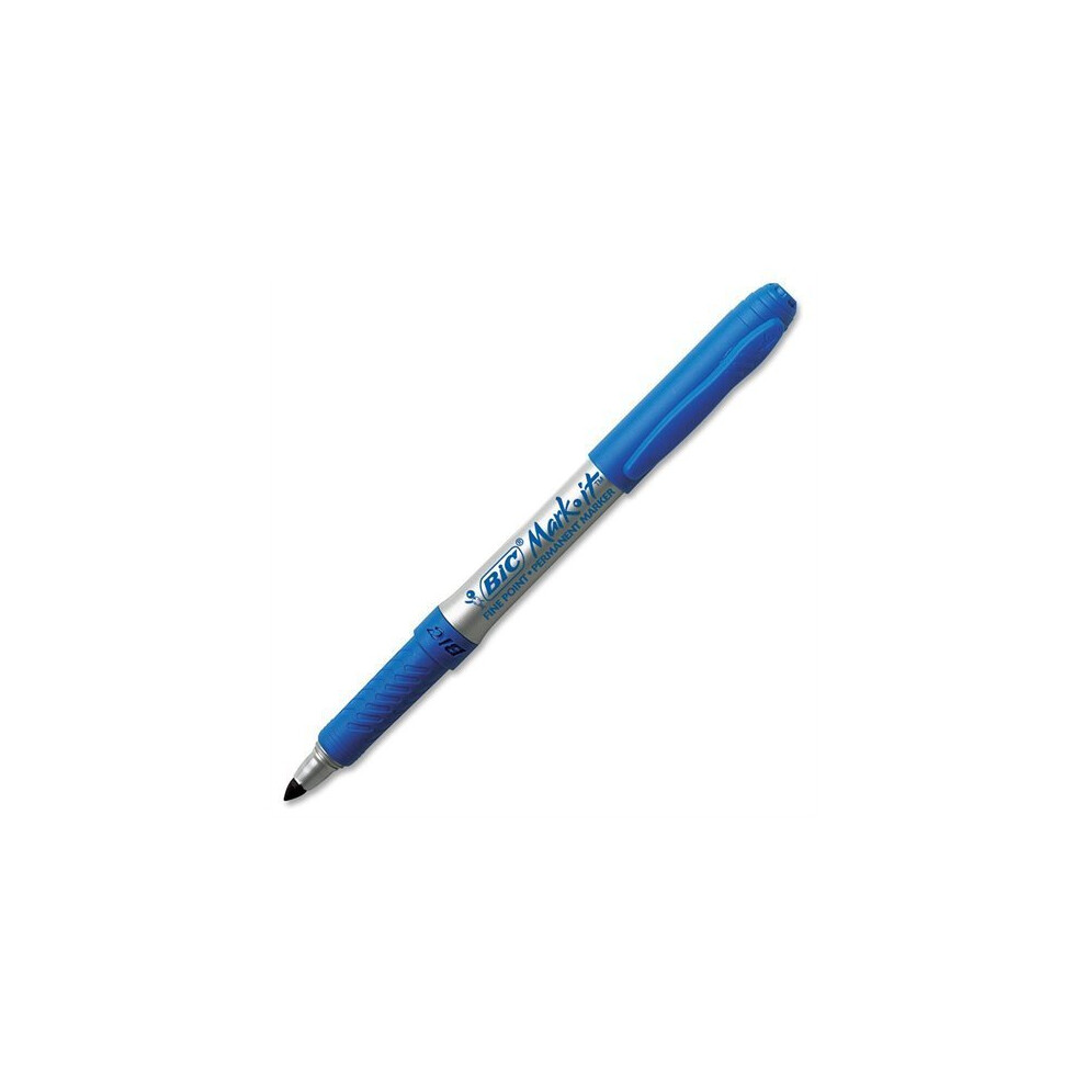 Bic Mark-it Gripster Permanent Marker - Fine Marker Point Type - Blue Ink - Silver Barrel - 12 / Dozen