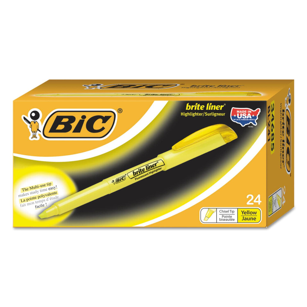 BIC Brite Liner Highlighters  Chisel Tip  24-Count Pack of Yellow Highlighters  Ideal Highlighter Set for Organizing and Coloring