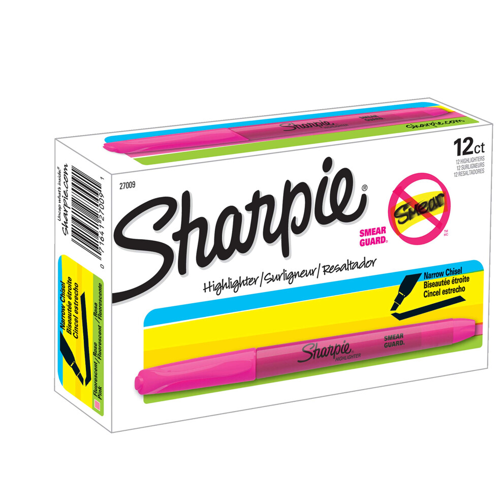 SHARPIE 27009 Pocket Style Highlighters  Chisel Tip  Fluorescent Pink  Box of 12