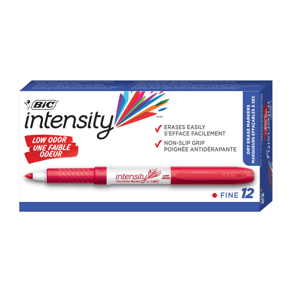 BIC Intensity Low Odor Dry Erase Marker  Fine Point  Red Marker  Ultra-Comfy Rubber Grip  12-Count