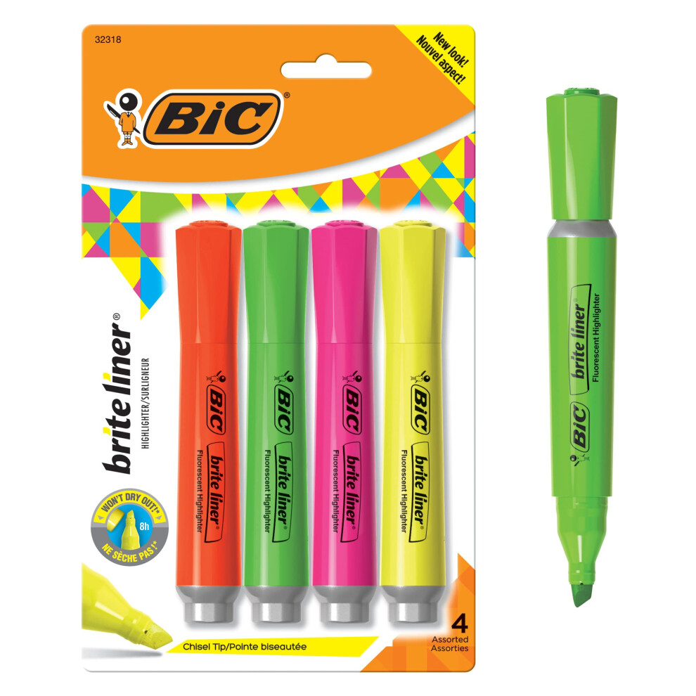 BIC Brite Liner Highlighter with Rubber Grip  Chisel Tip  Assorted  Pack of 4 - BLMGP41-A-AST