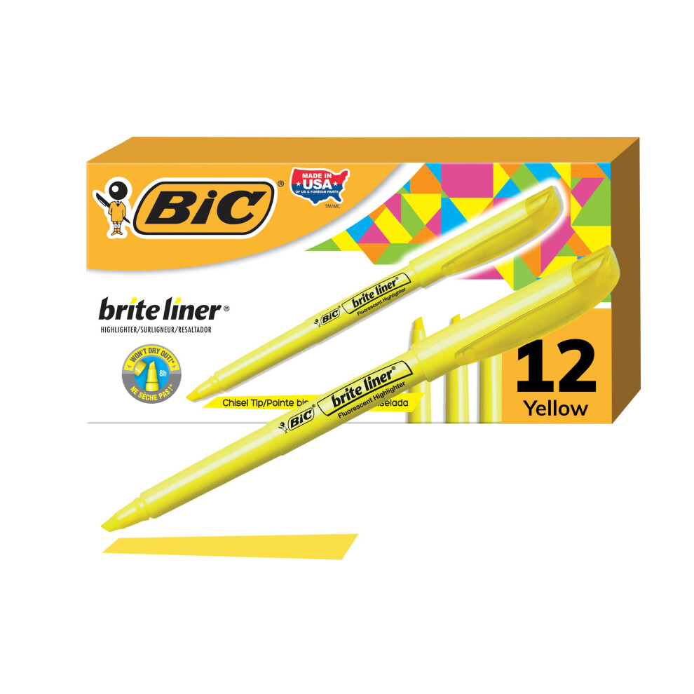 BIC Brite Liner Highlighters  Chisel Tip  12-Count Pack of Yellow Highlighters  Ideal Highlighter Set for Organizing and Coloring