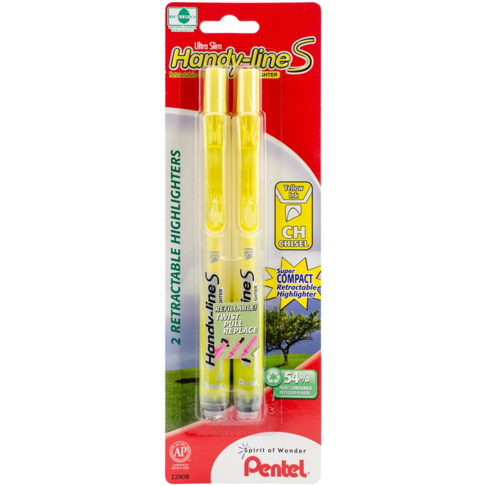 Pentel Handy-line S Retractable Highlighter  Chisel Tip  Yellow Ink  2/ Pack (SXS15BP2G)