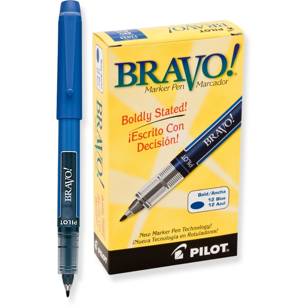 PILOT Bravo Liquid Ink Marker Pens  Bold Point  Blue Ink  12-Pack (11035)