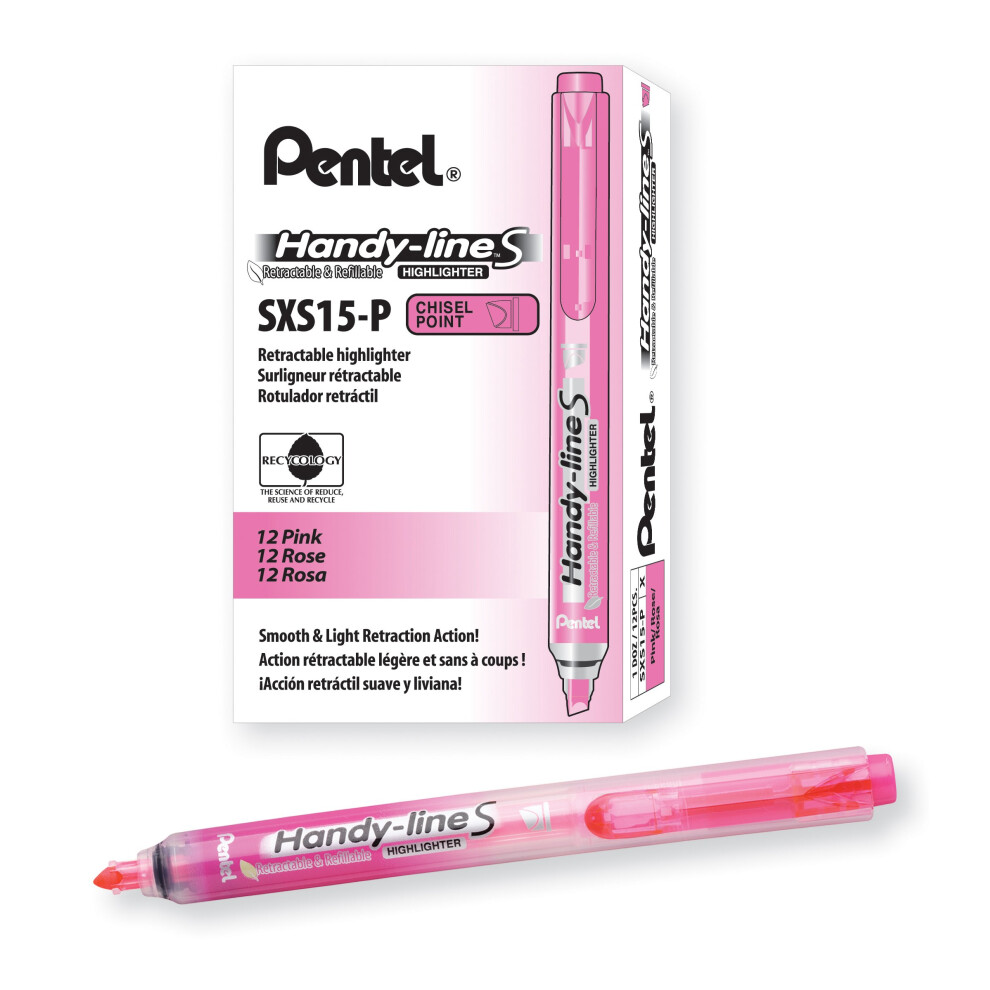 Pentel Handy-Line S Retractable and Refillable Chisel Tip Highlighter  Pink Ink  Box of 12 (SXS15-P)