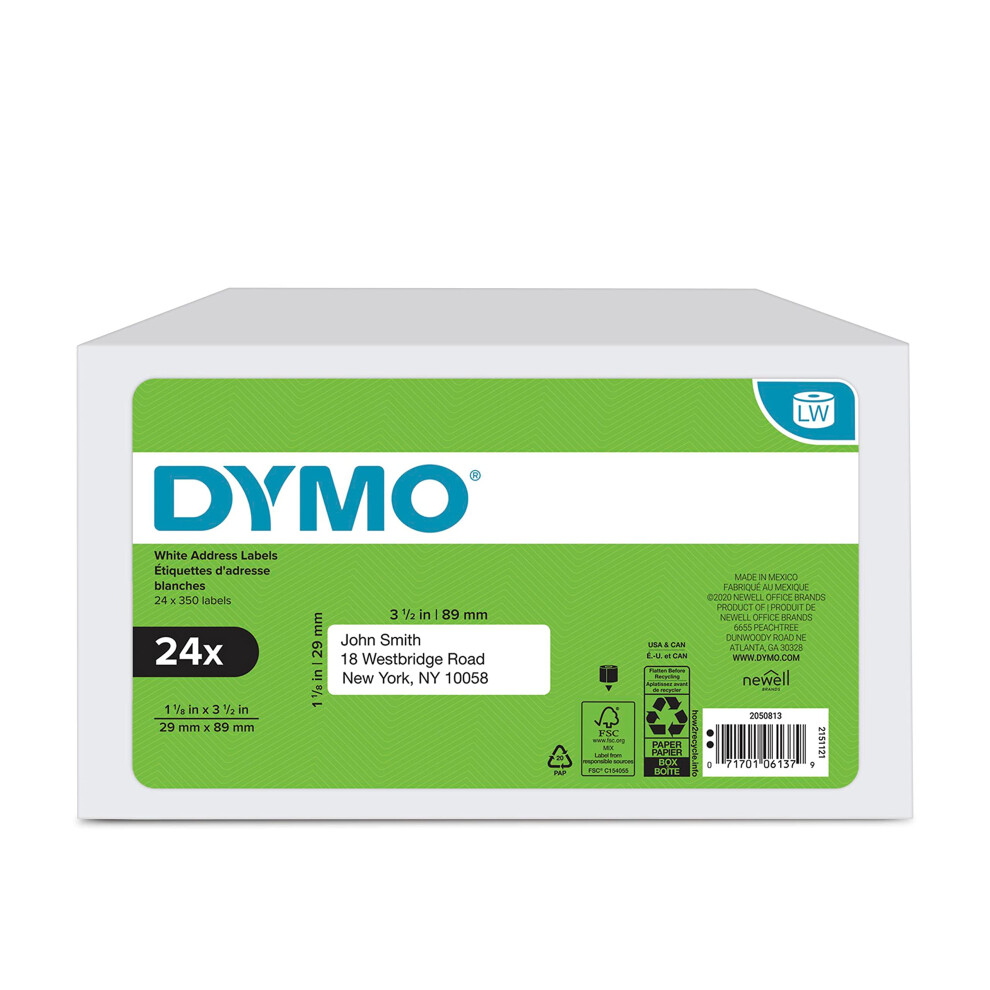 DYMO Authentic LW Mailing Address Labels  DYMO Labels for LabelWriter Label Printers  White  1-1/8"" x 3-1/2""  24 Rolls of 350 (8400 Total)