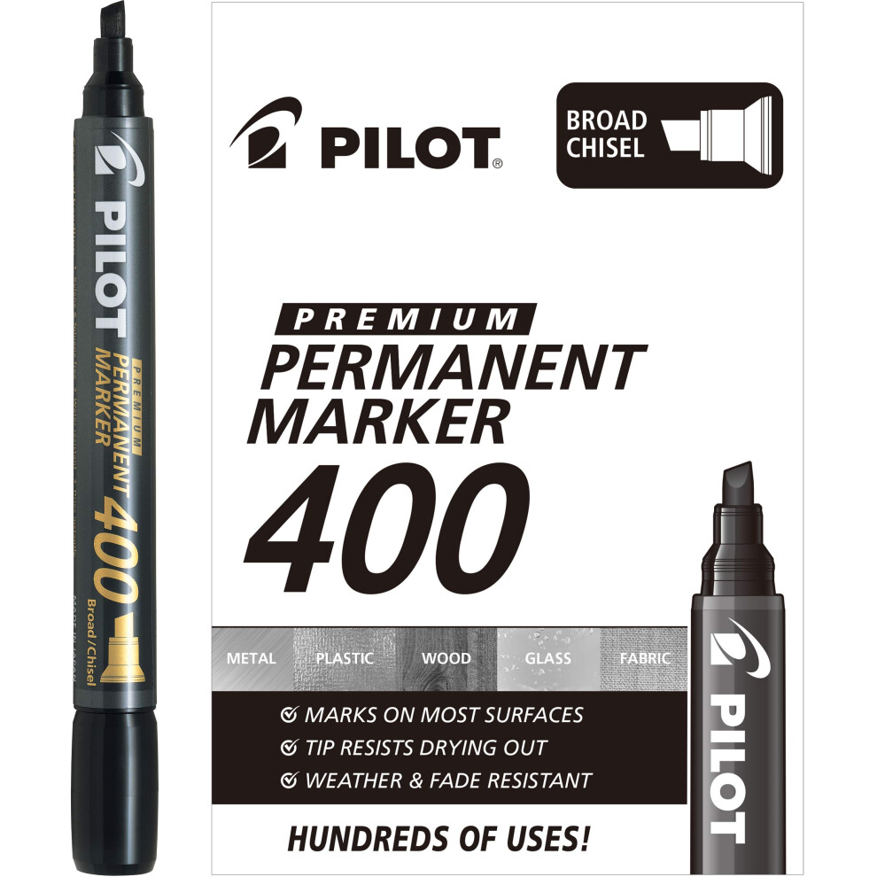 PILOT Premium 400 Permanent Markers  Broad Point Chisel Tip  Black Ink  Box of 12 (SA4-BLK)