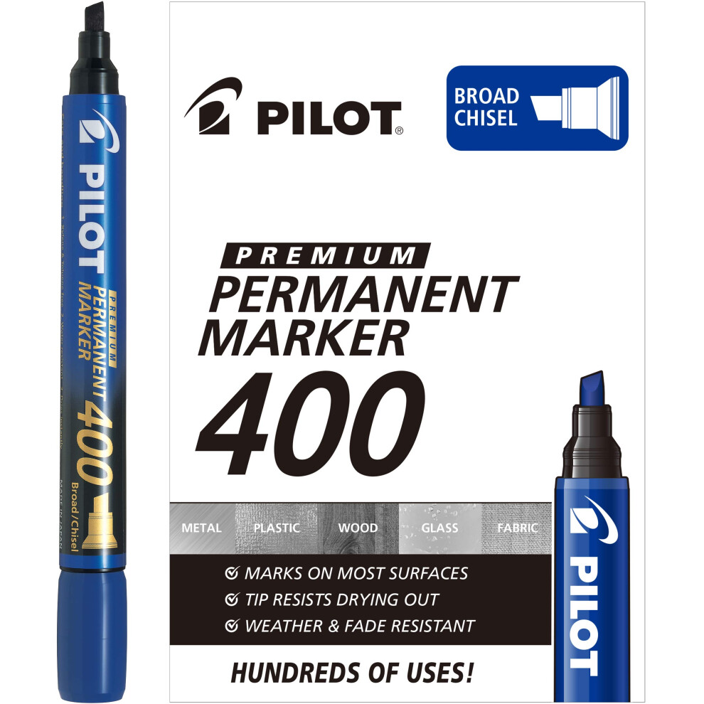 PILOT Premium 400 Permanent Markers  Broad Point Chisel Tip  Blue Ink  Box of 12 (SA4-BLU)