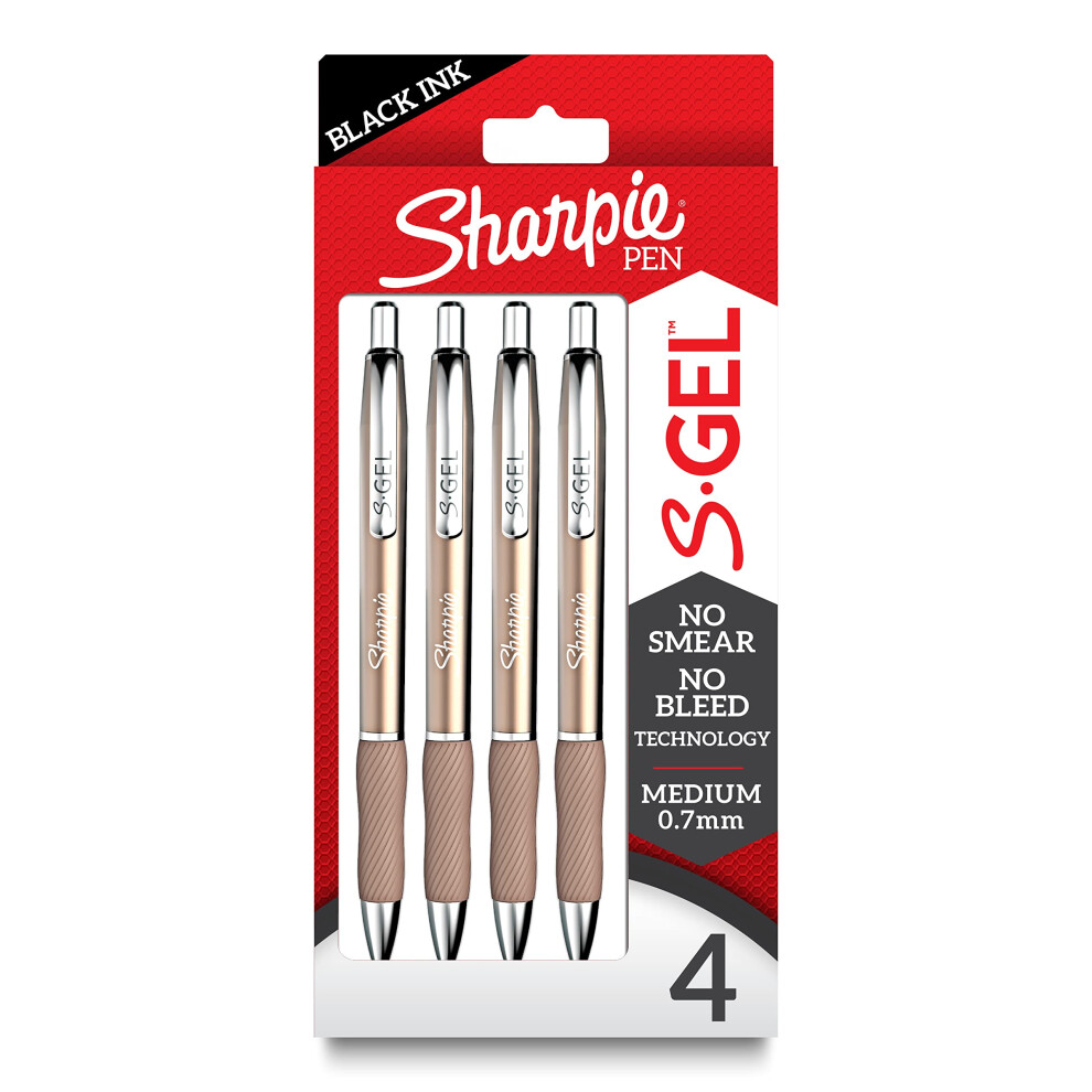 SHARPIE S-Gel  Gel Pens  Sleek Metal Barrel  Champagne  Medium Point (0.7mm)  Black Ink  4 Count