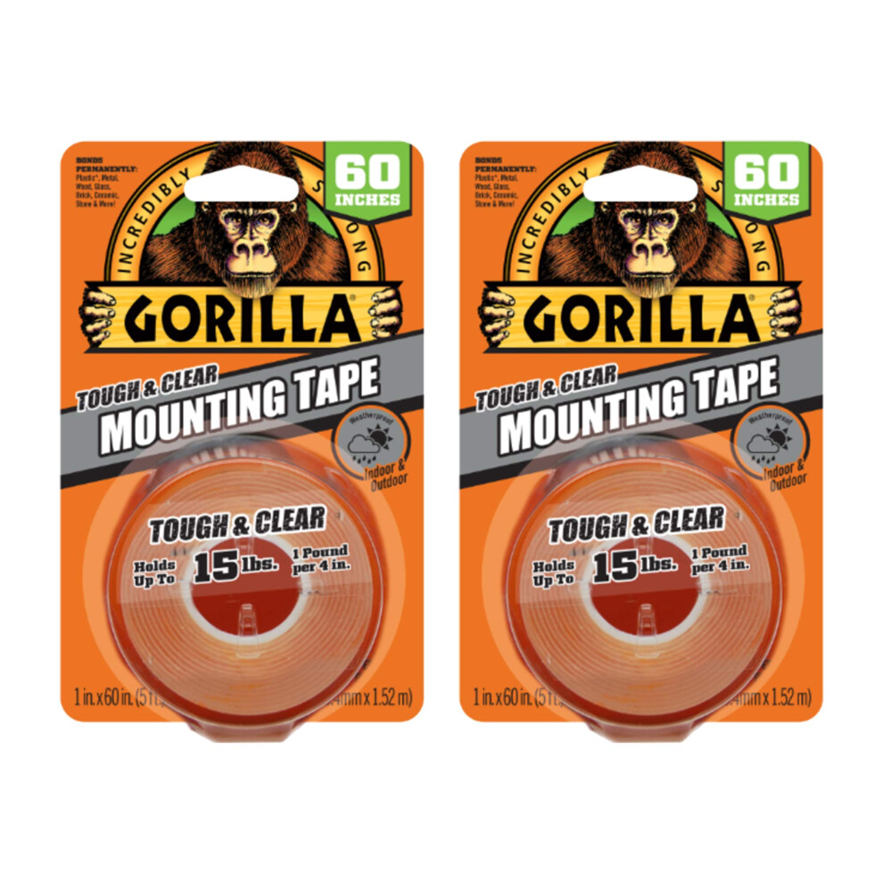 Gorilla Tough & Clear  Double Sided Mounting Tape  Weatherproof  1"" x 60""  Clear  (Pack of 2)