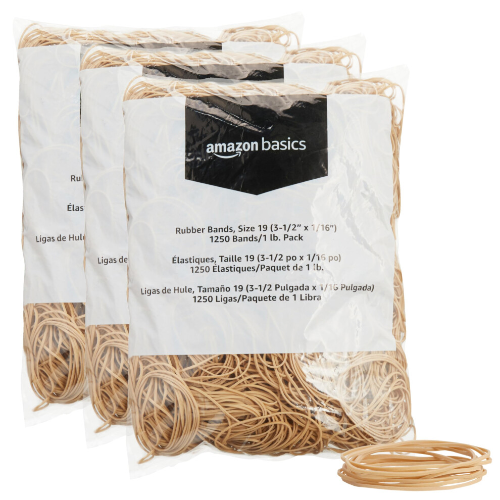 Amazon Basics Rubber Bands  Size 19 (3-1/2 x 1/16 Inch)  1250 Bands/1 lb. Pack  3-Pack  Tan