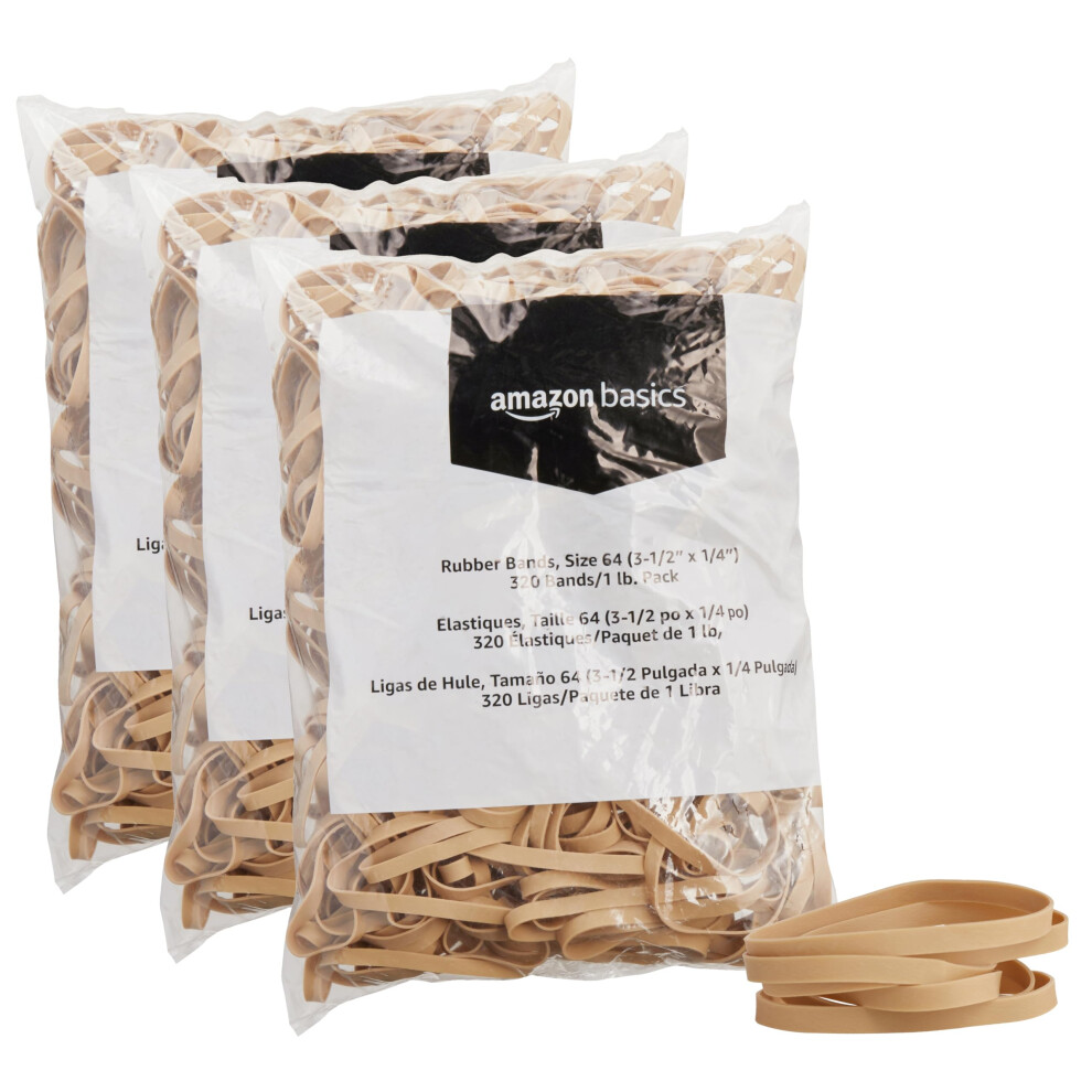 Amazon Basics Rubber Bands  Size 64 (3-1/2 x 1/4 Inch)  320 Bands/1 lb Pack  3-Pack  Tan