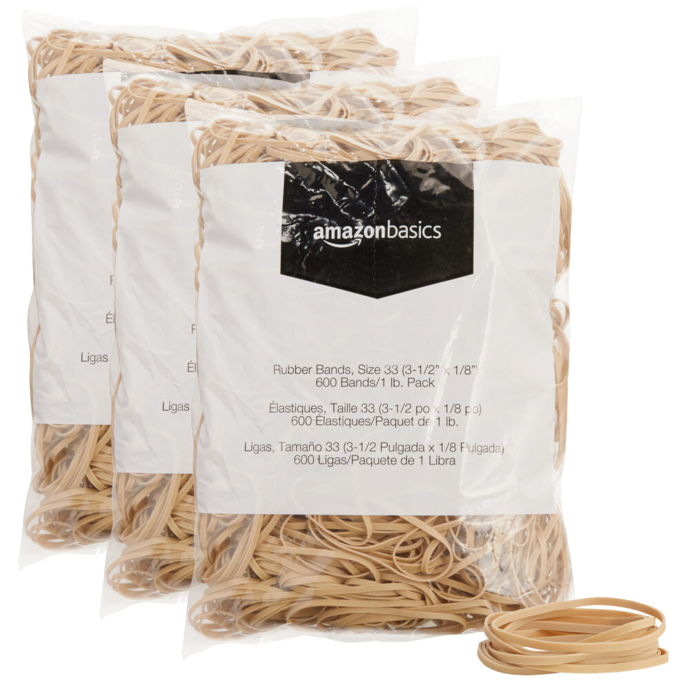 Amazon Basics Rubber Bands  Size 33 (3-1/2 x 1/8 Inch)  600 Bands/1 lb Pack  3-Pack  Tan