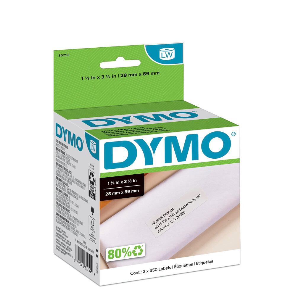 DYMO Authentic LW White Mailing Address Labels  DYMO Labels for LabelWriter Label Printers  1-1/8"" x 3-1/2""  2 Rolls of 350 (700 Total)