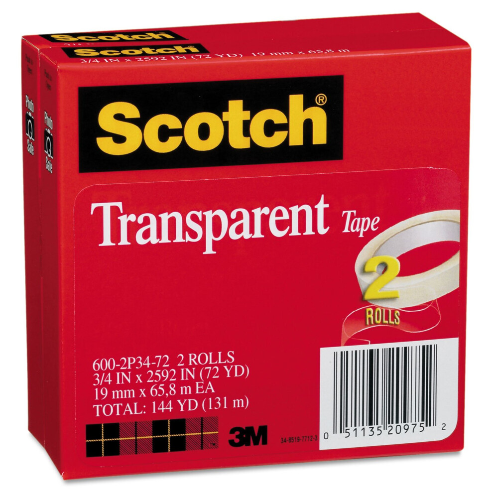 Scotch 6002P3472 Transparent Tape  3-Inch Core  3/4-Inch X2592-Inch  2/Pk