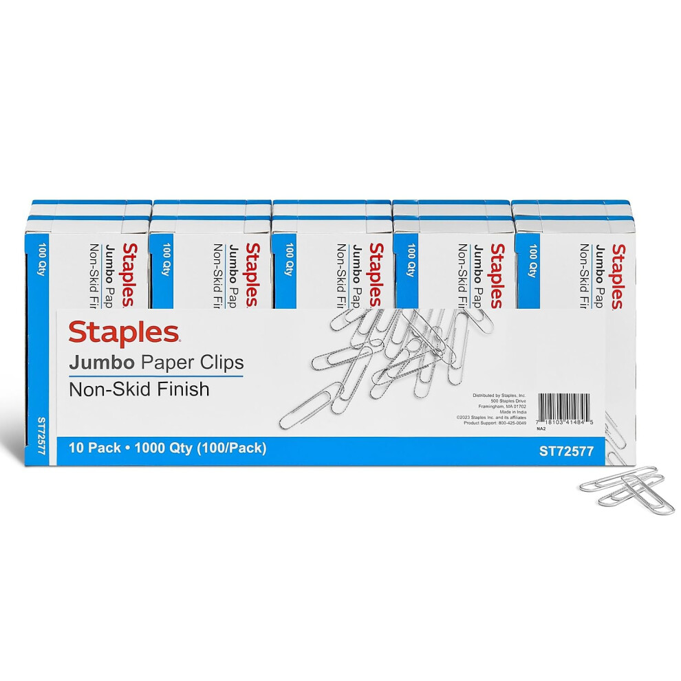 Staples 472514 Jumbo Paper Clips Nonskid 10/Pack with 100/Box (A7026606/72577)