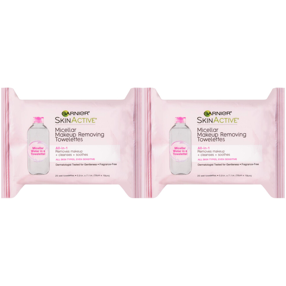 Garnier Micellar Facial Cleanser & Makeup Remover Wipes  Gentle for All Skin Types (25 Wipes)  2 Count (Packaging May Vary)