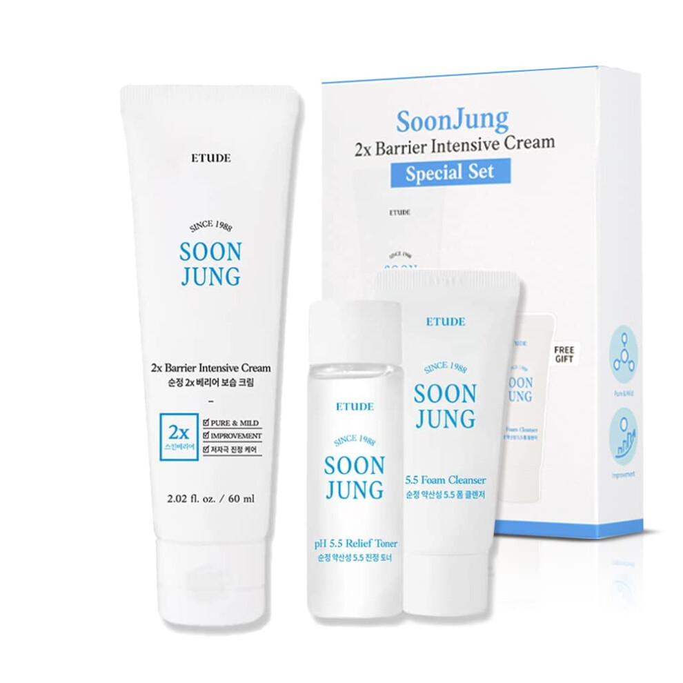 ETUDE Soonjung 2x Barrier Intense Cream Set | 2x Barrier Cream 2.02fl.oz + Ph 5.5 Relief Toner 0.85 Fl.oz. + Foam Cleanser 0.68 Fl.oz. | Oil