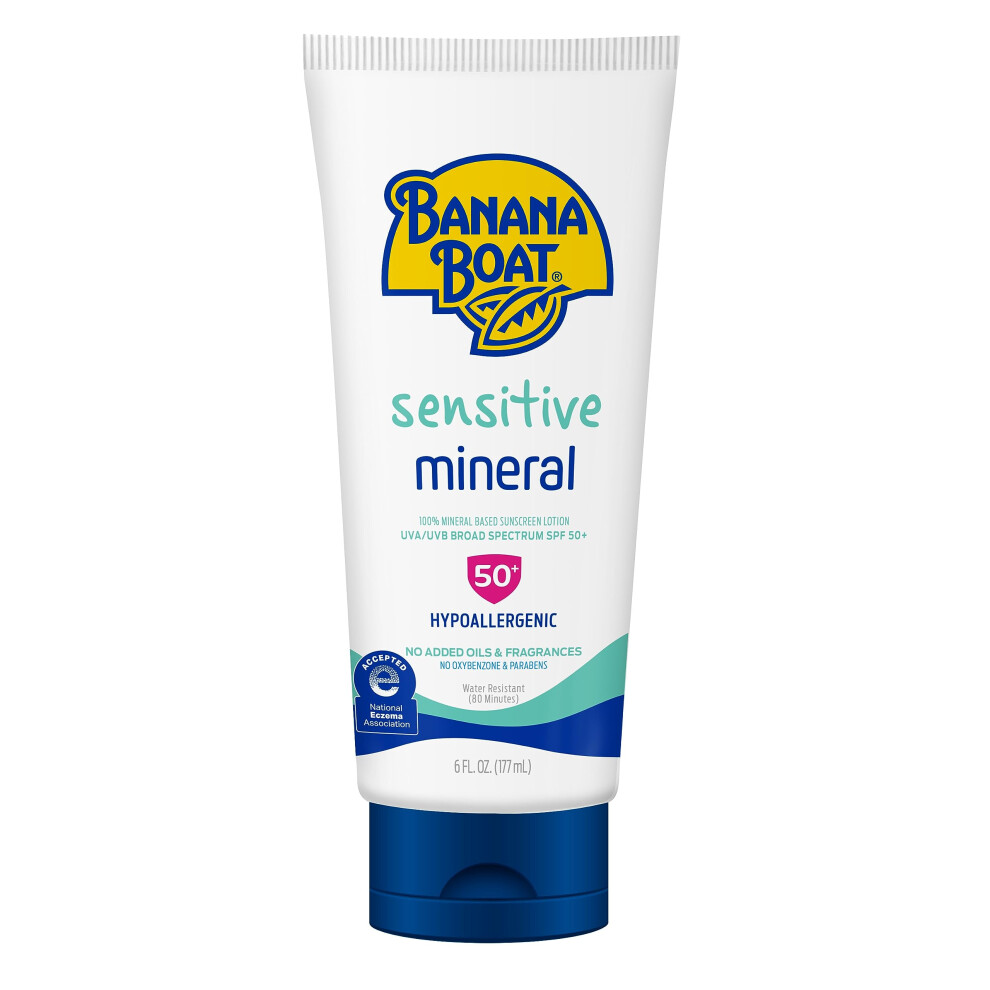 Banana Boat Sensitive 100% Mineral Sunscreen Lotion SPF 50  6oz | Body Sunscreen  Sensitive Skin Sunblock  Oxybenzone Free Sunscreen  Banana