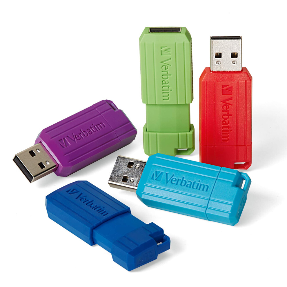 Verbatim 16GB Pinstripe USB 2.0 Flash Drive Retractable Thumb Drive - 5 Pack - Multicolor (Green  Blue  Red  Purple  Cyan)