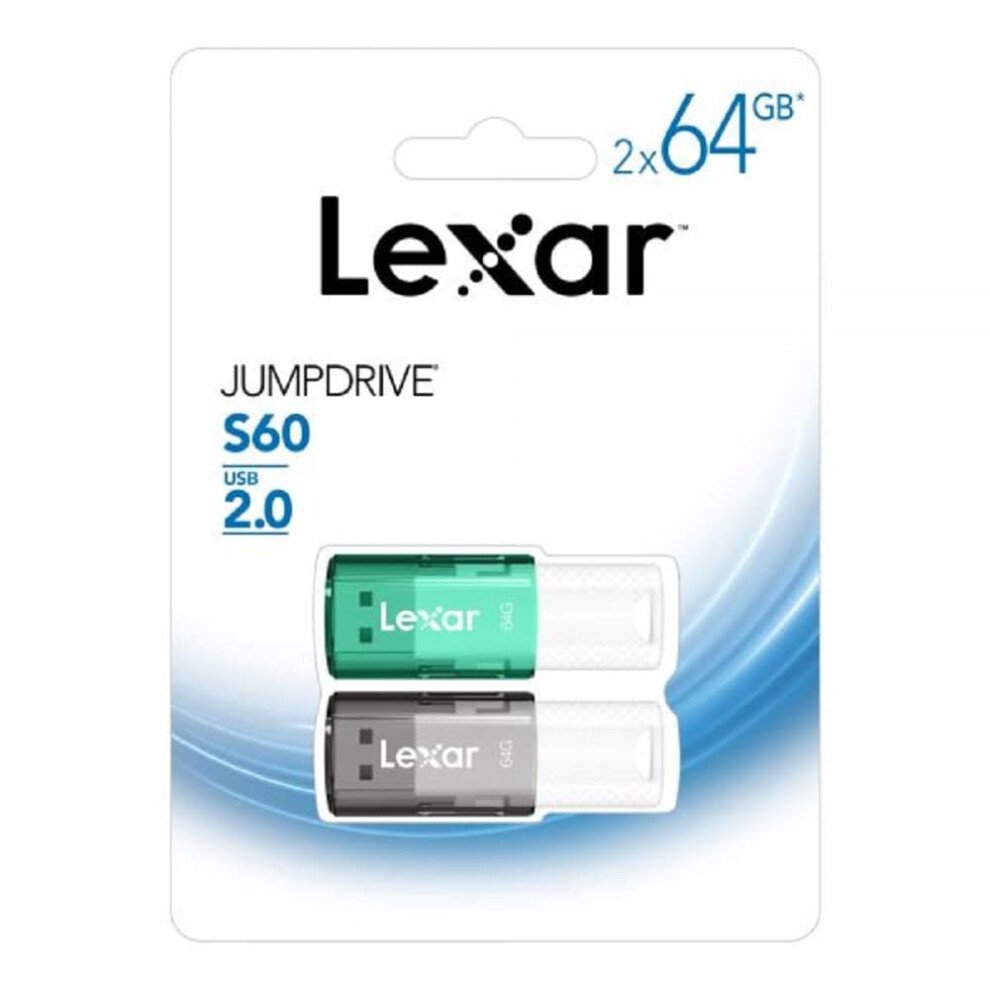 Lexar JumpDrive S60 USB 2.0 Flash Drives  64GB  Black/Teal  Pack of 2 Flash Drives  LJDS60-64GB2NNU