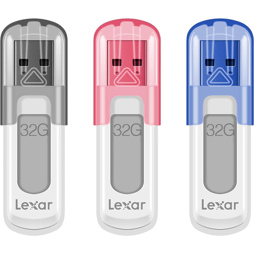 Lexar 32GB 3-Pack JumpDrive V100 USB 3.2 Gen 1 Flash Drive for Storage Expansion and Backup  Up To 100MB/s Read  Gray  Pink  Blue (LJDV10003