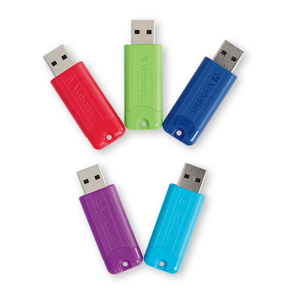 Verbatim 16GB Pinstripe USB 3.2 Gen 1 Flash Drive Retractable Thumb Drive- 5 Pack - Multicolor (Green  Blue  Red  Purple  Cyan)